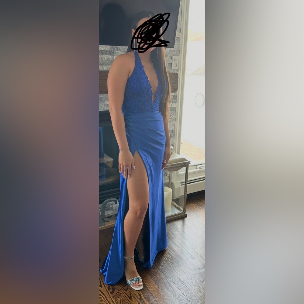 Sherri Hill Royal Blue Plunging Halter PromGown High Slit - read description!
